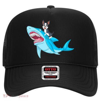 Boston Terrier Riding Shark High Crown Mesh Back Trucker Hat