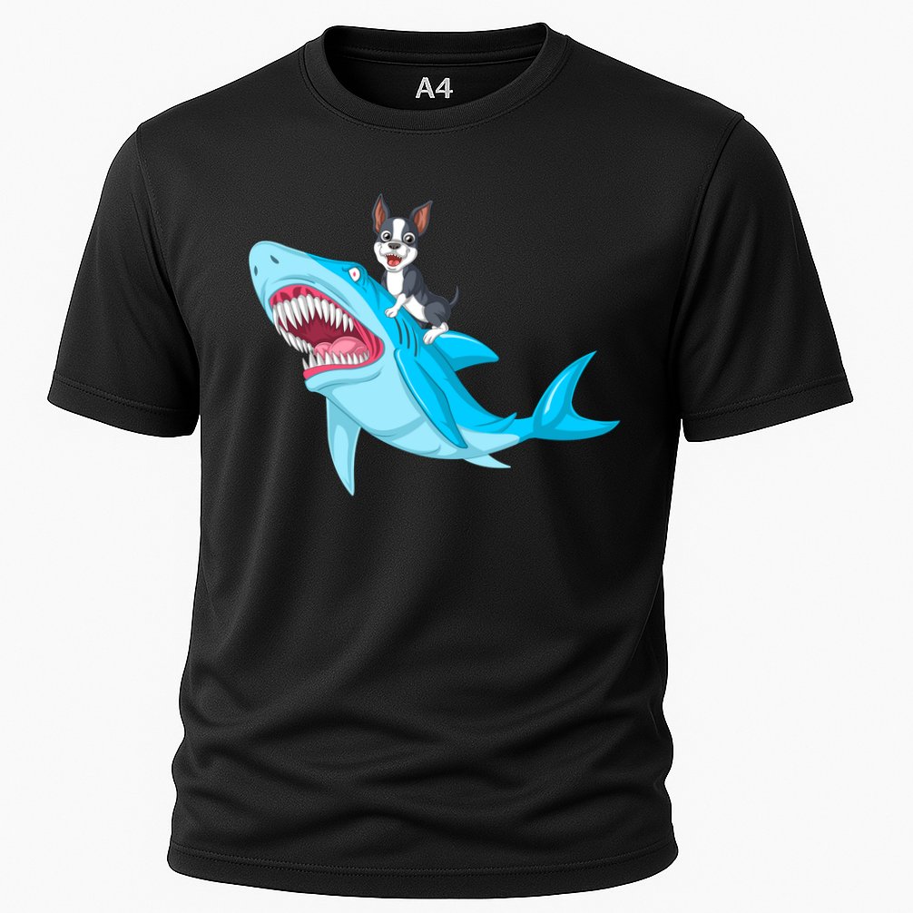 Boston Terrier Riding Shark Cooling Performance Crew T-Shirt
