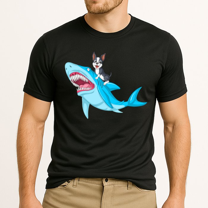 Boston Terrier Riding Shark Cooling Performance Crew T-Shirt