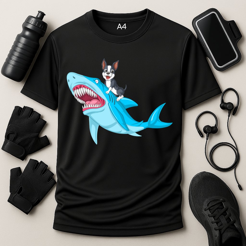 Boston Terrier Riding Shark Cooling Performance Crew T-Shirt