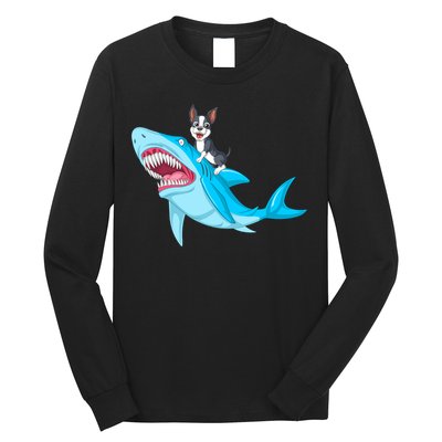 Boston Terrier Riding Shark Long Sleeve Shirt