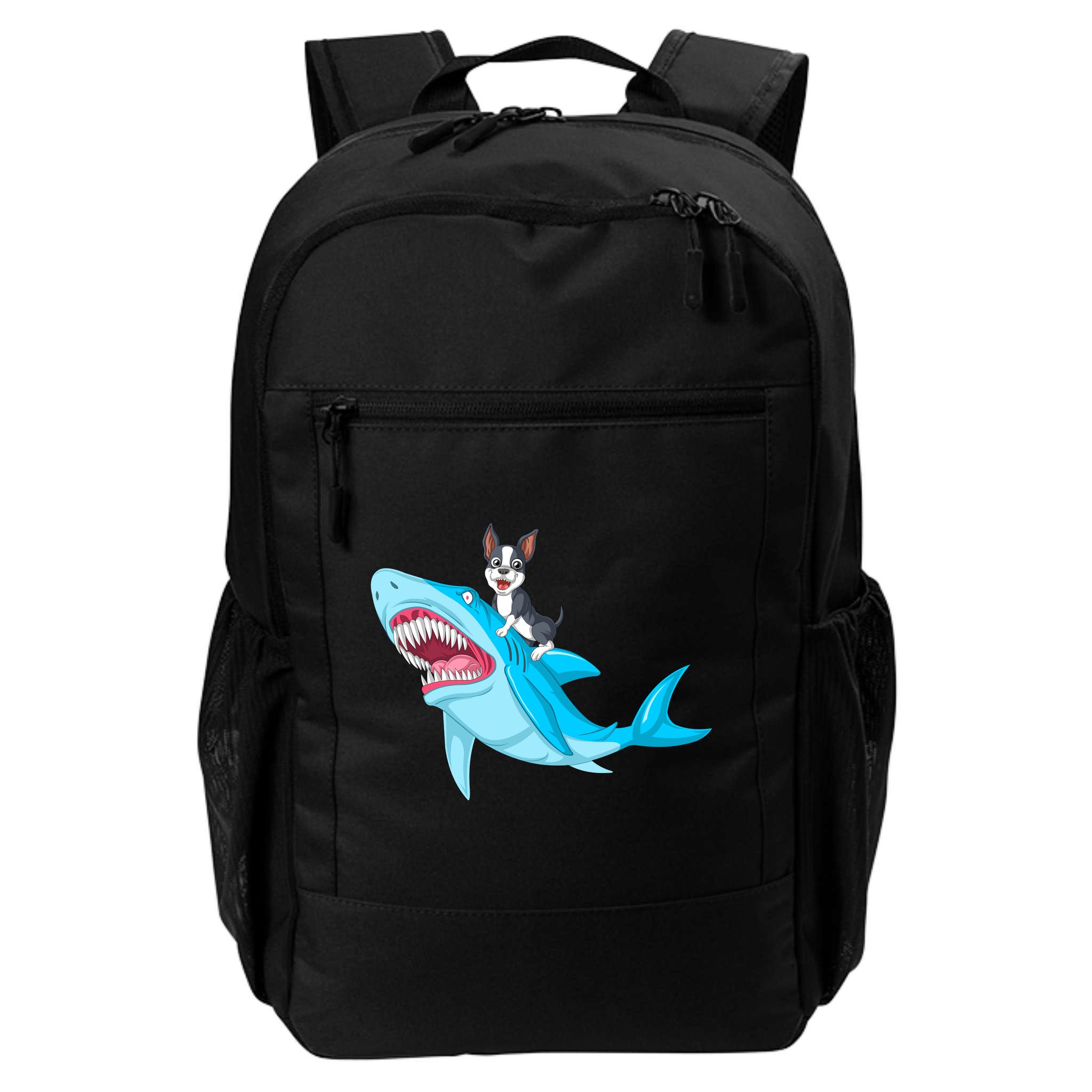 Boston Terrier Riding Shark Backpack