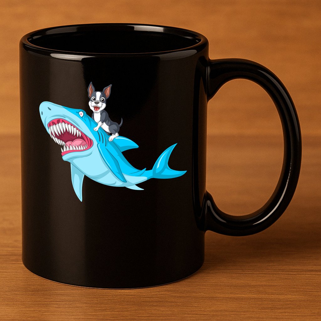 Boston Terrier Riding Shark 11oz C Handle Ceramic Mug