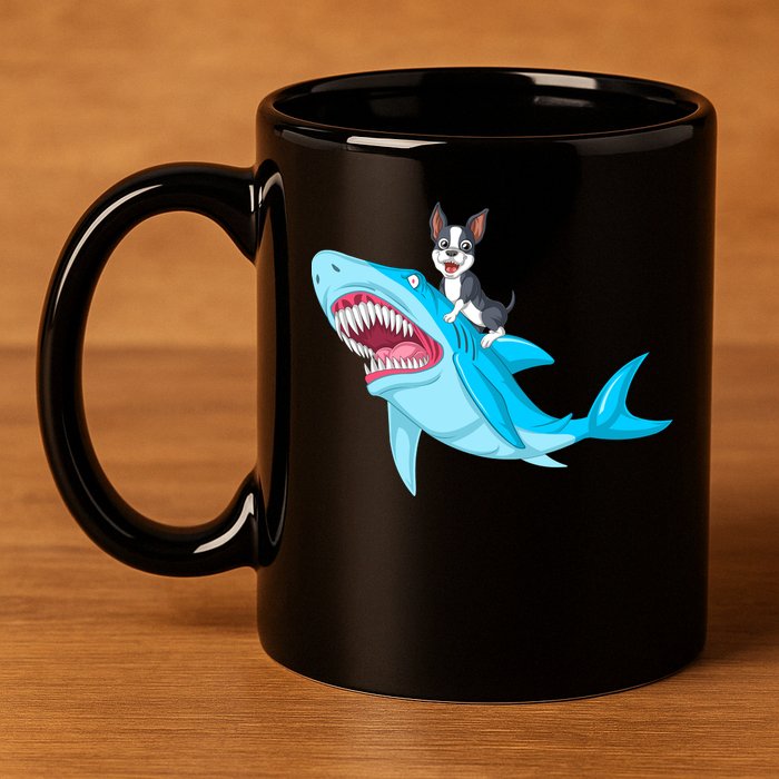 Boston Terrier Riding Shark 11oz C Handle Ceramic Mug