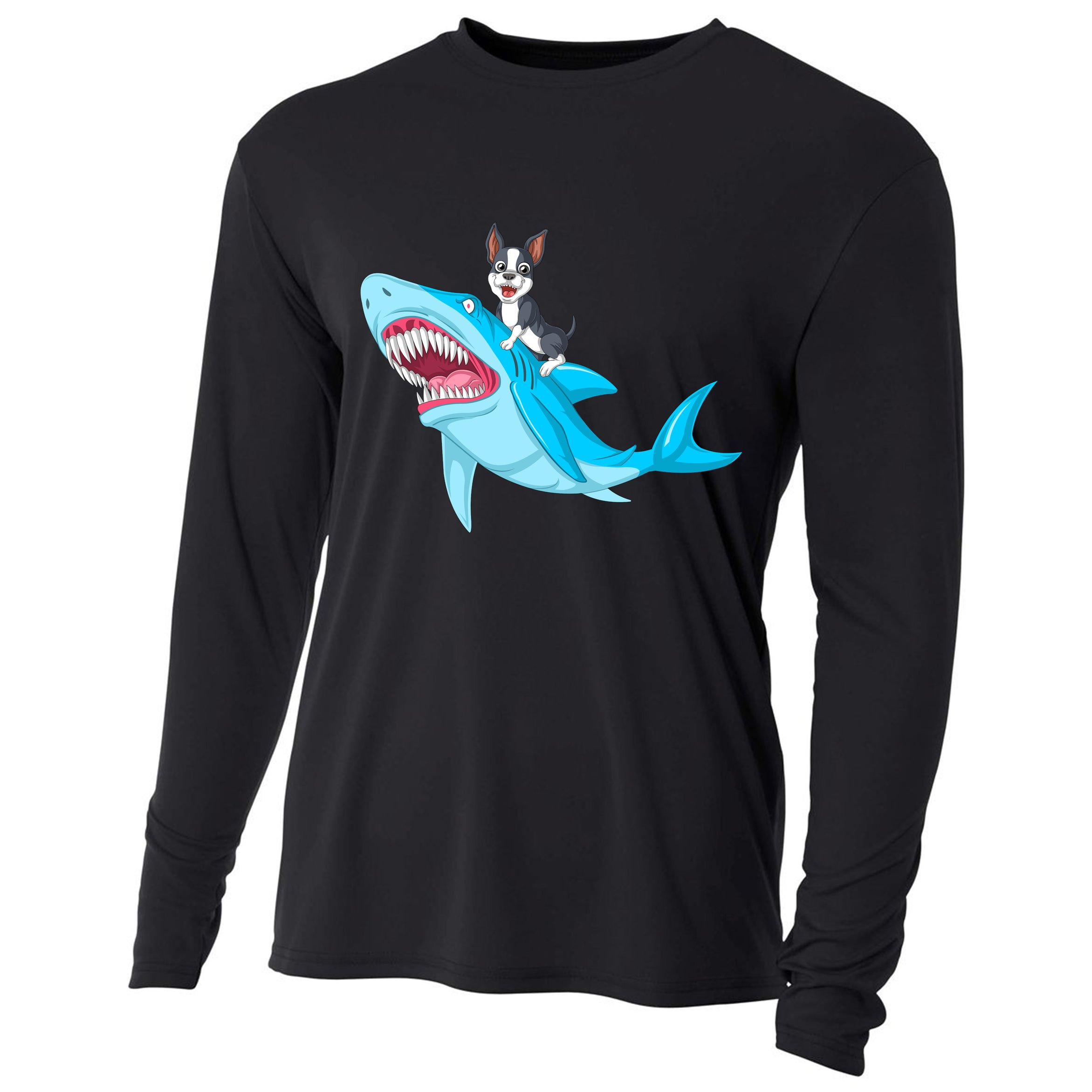 Boston Terrier Riding Shark Cooling Performance Long Sleeve Crew
