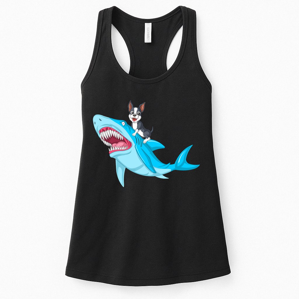 Boston Terrier Riding Shark Womens Tank Top