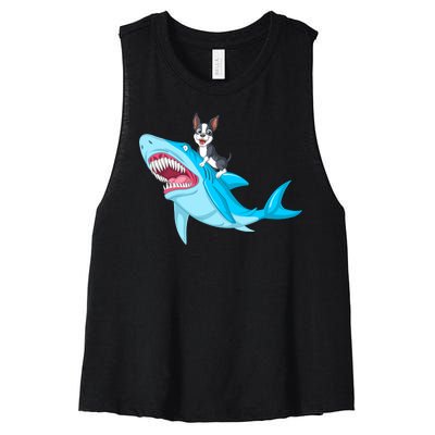 Boston Terrier Riding Shark Women's Racerback Cropped Tank