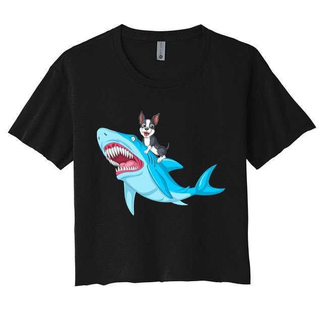 Boston Terrier Riding Shark Crop Top