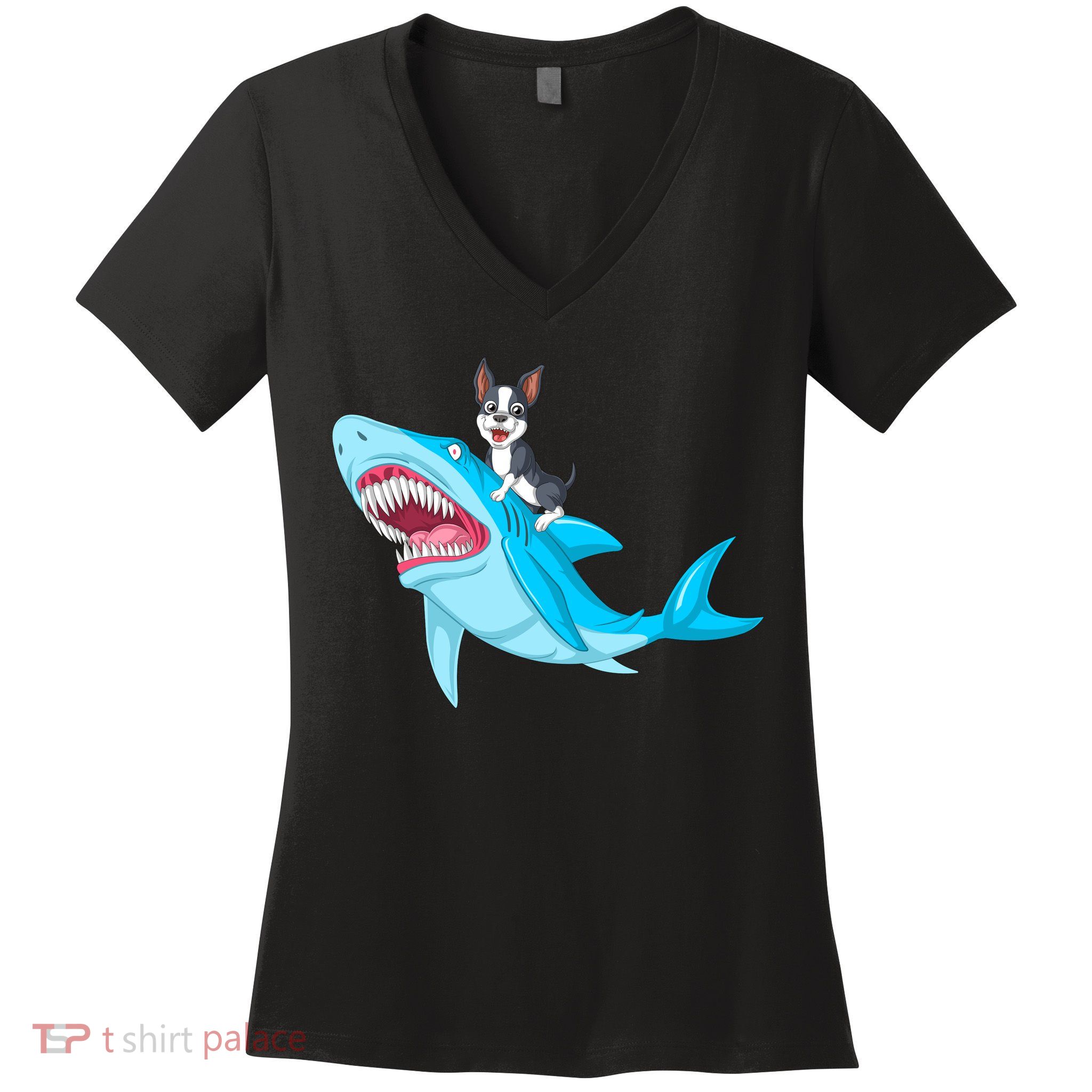 Boston Terrier Riding Shark Women's V-Neck T-Shirt