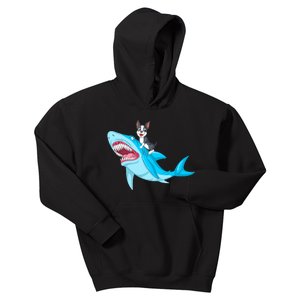 Boston Terrier Riding Shark Kids Hoodie