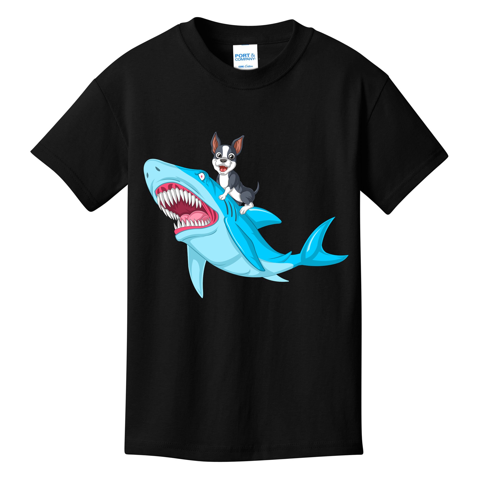Boston Terrier Riding Shark Kids T-Shirt