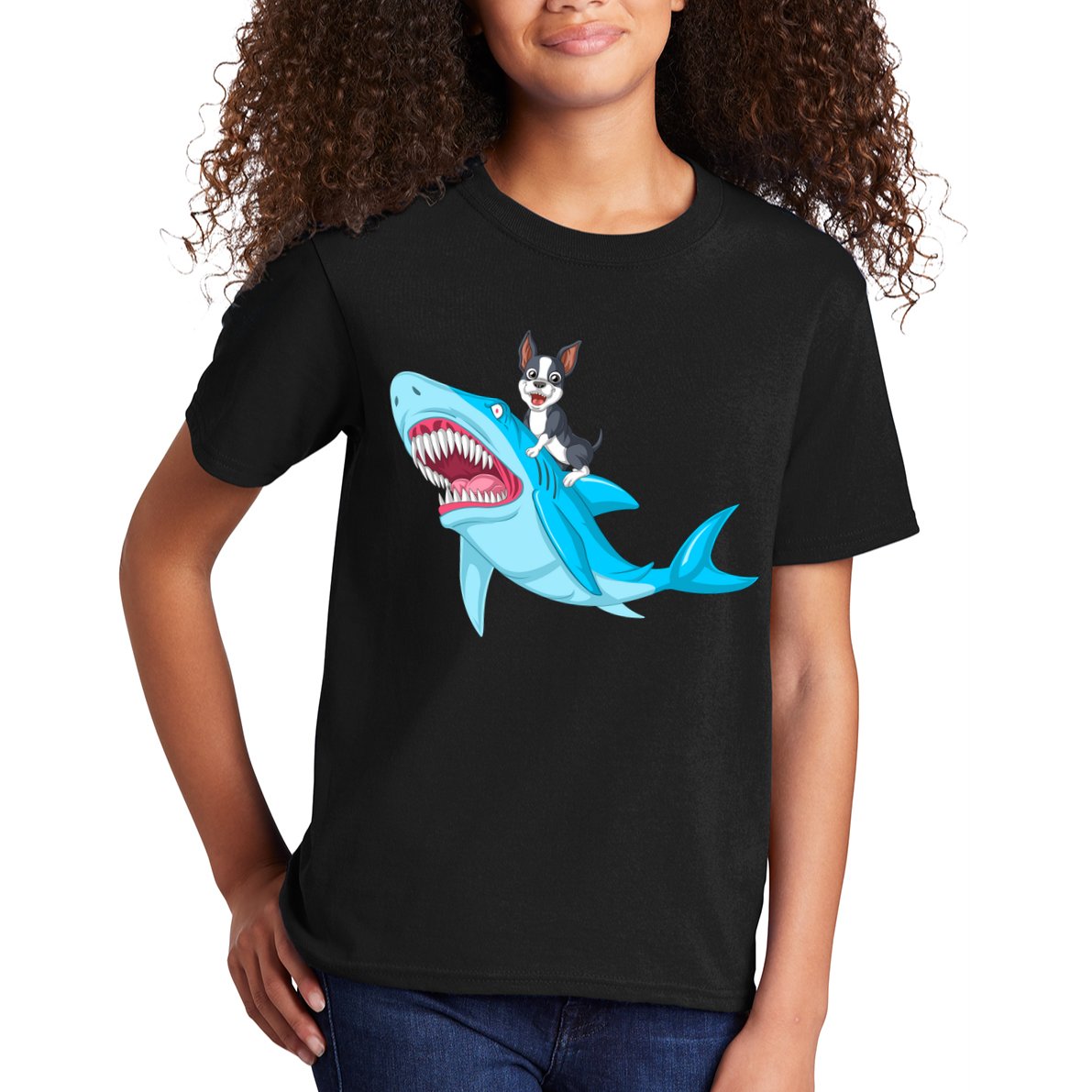 Boston Terrier Riding Shark Kids T-Shirt