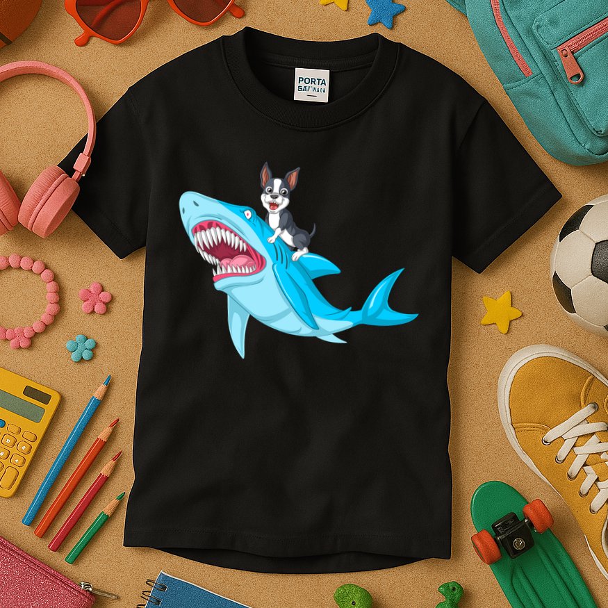 Boston Terrier Riding Shark Kids T-Shirt