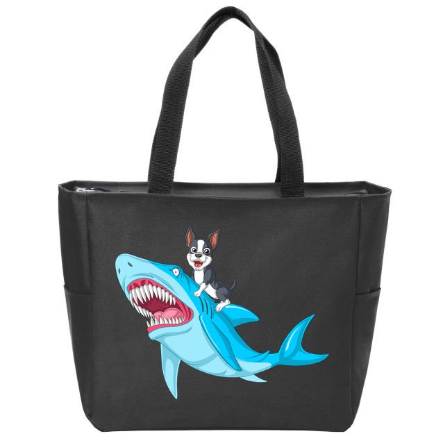 Boston Terrier Riding Shark Zip Tote Bag