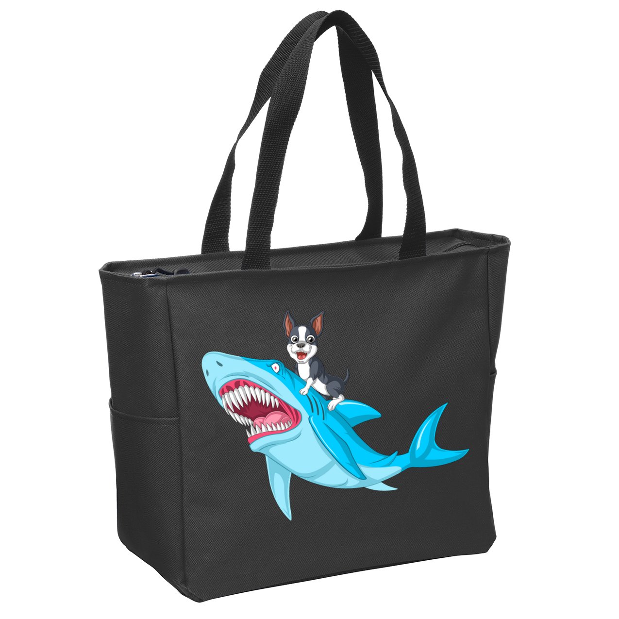 Boston Terrier Riding Shark Zip Tote Bag