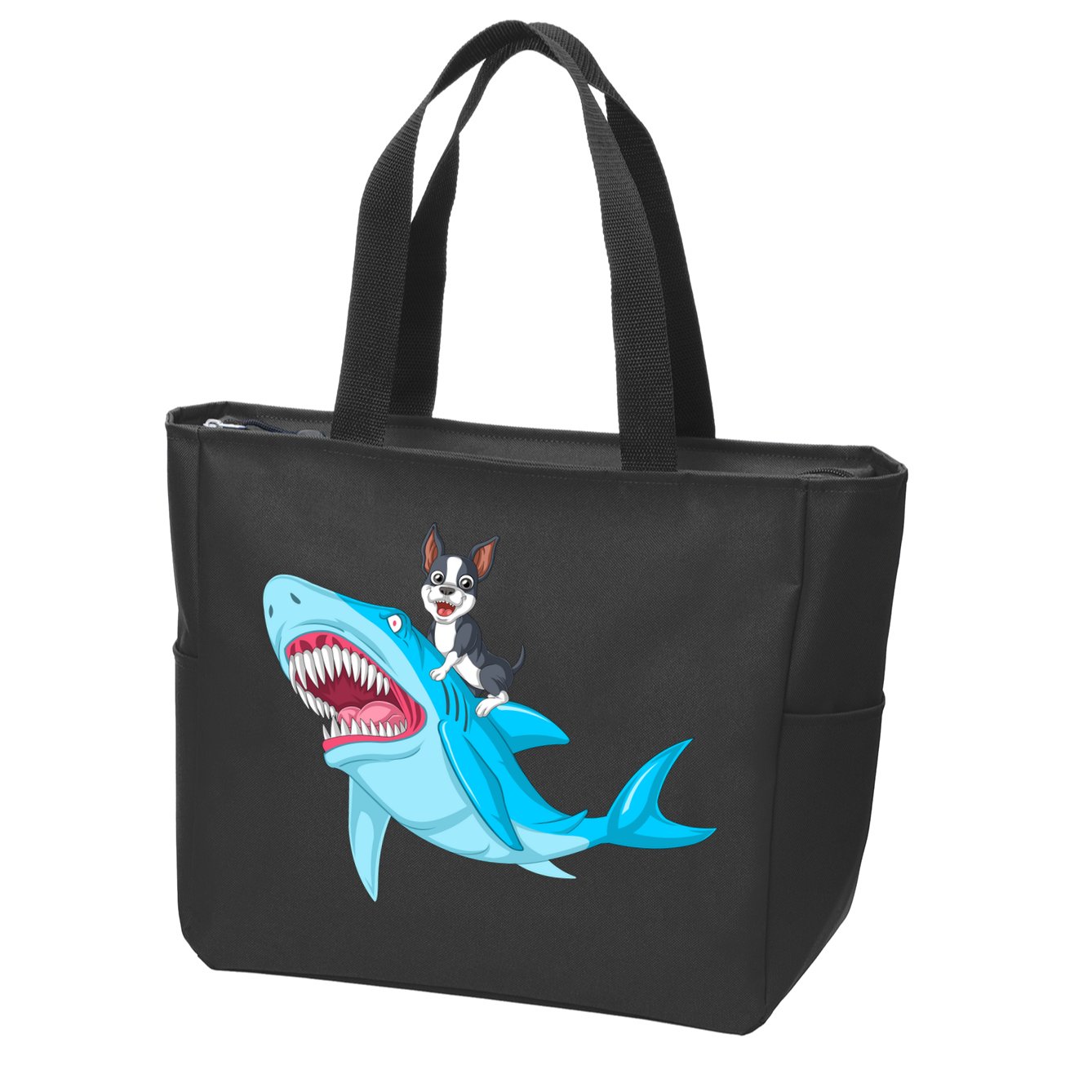 Boston Terrier Riding Shark Zip Tote Bag