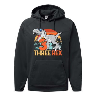 Boy Three Rex 3rd Birthday Third Dinosaur 3 Year Old Performance Fleece Hoodie