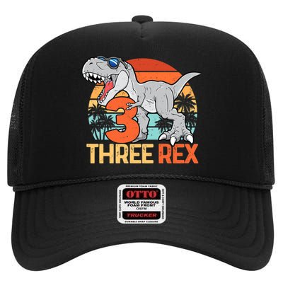 Boy Three Rex 3rd Birthday Third Dinosaur 3 Year Old High Crown Mesh Back Trucker Hat