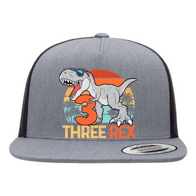 Boy Three Rex 3rd Birthday Third Dinosaur 3 Year Old Flat Bill Trucker Hat