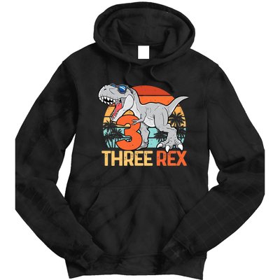 Boy Three Rex 3rd Birthday Third Dinosaur 3 Year Old Tie Dye Hoodie