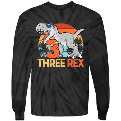 Boy Three Rex 3rd Birthday Third Dinosaur 3 Year Old Tie-Dye Long Sleeve Shirt