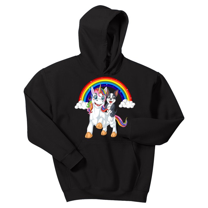 Boston Terrier Riding Unicorn Kids Hoodie