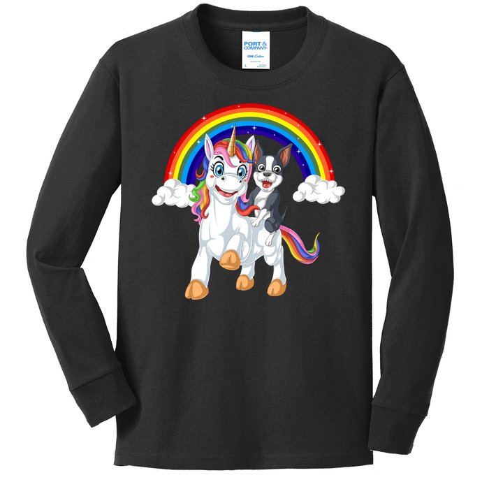 Boston Terrier Riding Unicorn Kids Long Sleeve Shirt