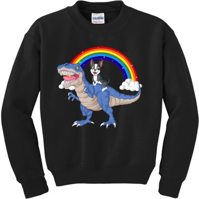 Boston Terrier Riding Dinosaur Kids Sweatshirt