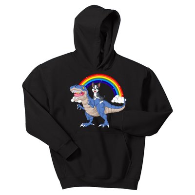 Boston Terrier Riding Dinosaur Kids Hoodie