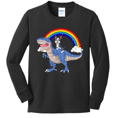 Boston Terrier Riding Dinosaur Kids Long Sleeve Shirt