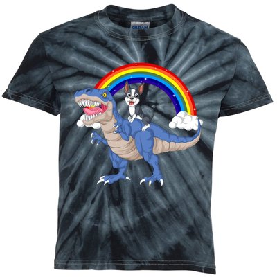 Boston Terrier Riding Dinosaur Kids Tie-Dye T-Shirt