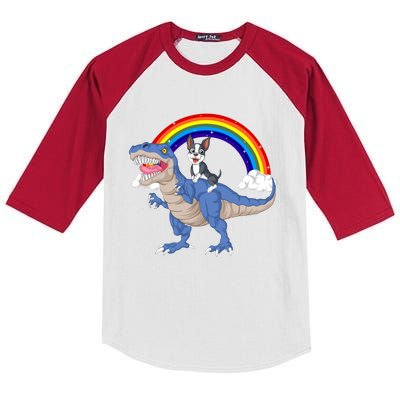 Boston Terrier Riding Dinosaur Kids Colorblock Raglan Jersey