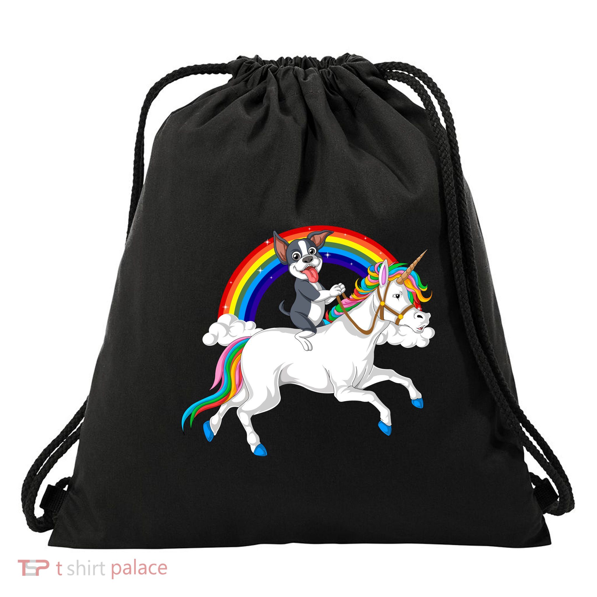 Boston Terrier Riding Unicorn Drawstring Bag
