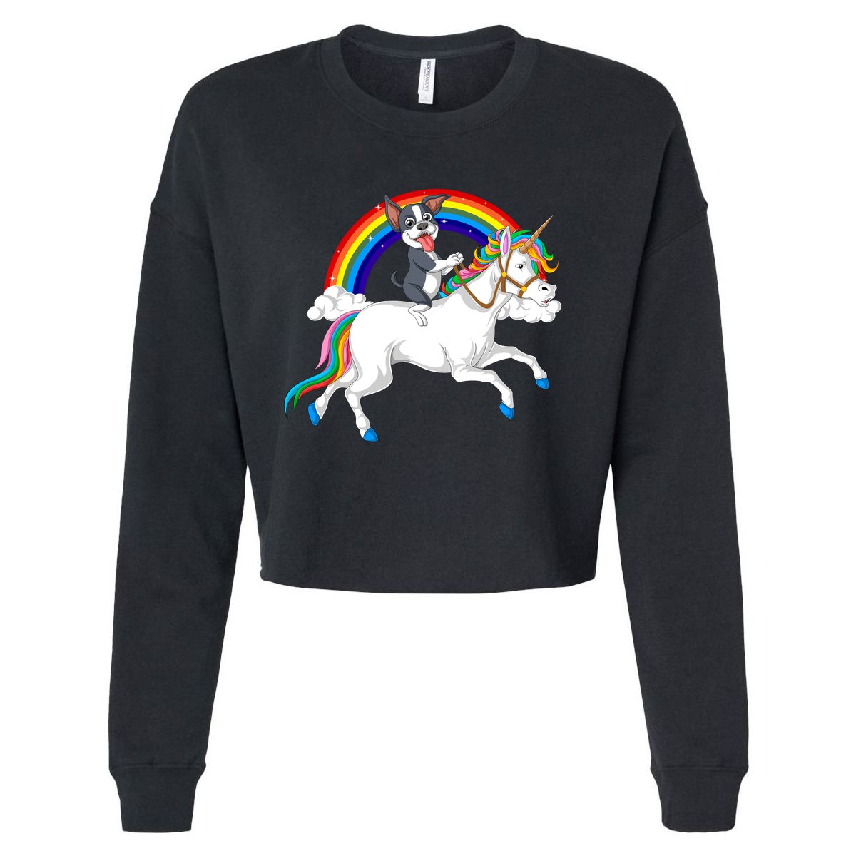 Boston Terrier Riding Unicorn Cropped Pullover Crew