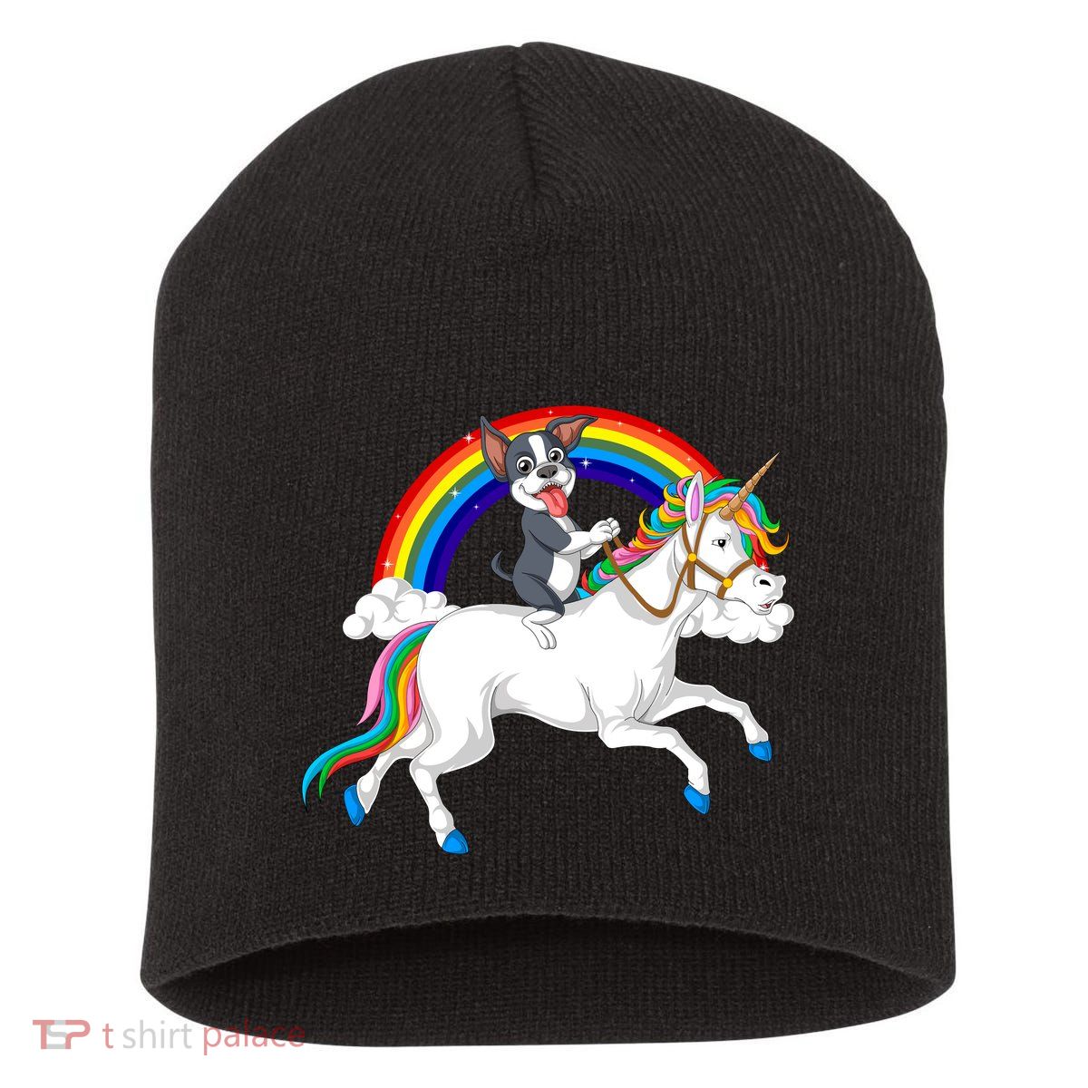 Boston Terrier Riding Unicorn Short Acrylic Beanie