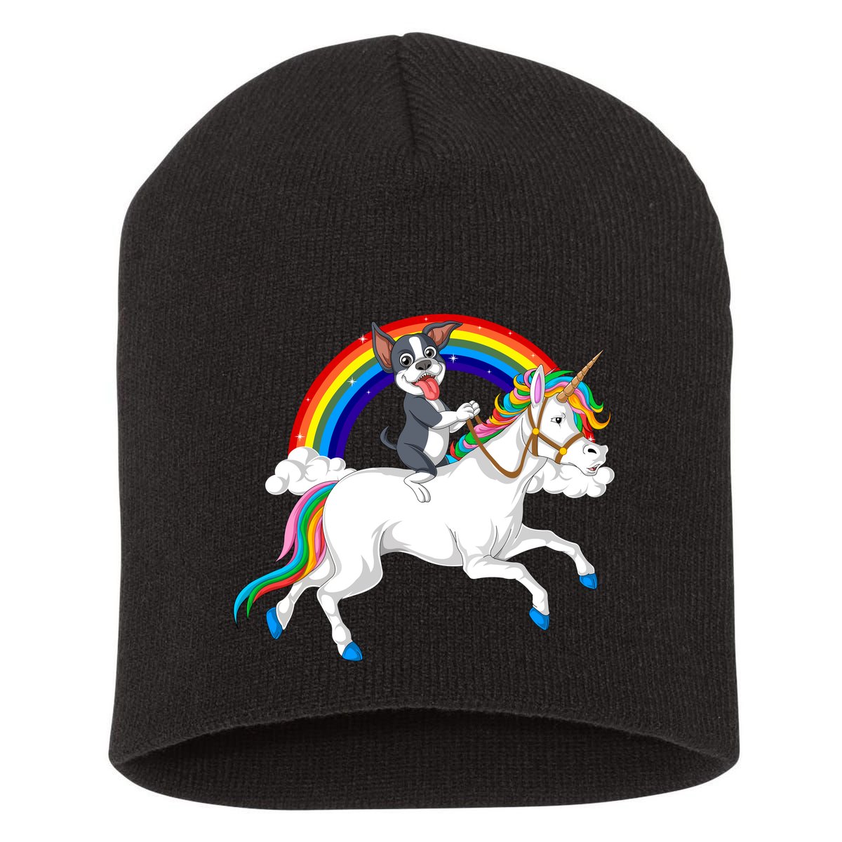 Boston Terrier Riding Unicorn Short Acrylic Beanie
