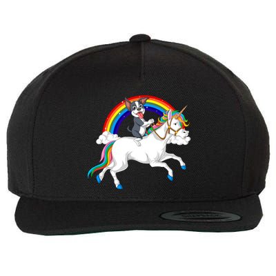 Boston Terrier Riding Unicorn Wool Snapback Cap