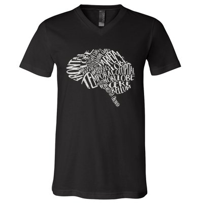 Brain Typography RN Neuroscience Nurse Neurologist V-Neck T-Shirt