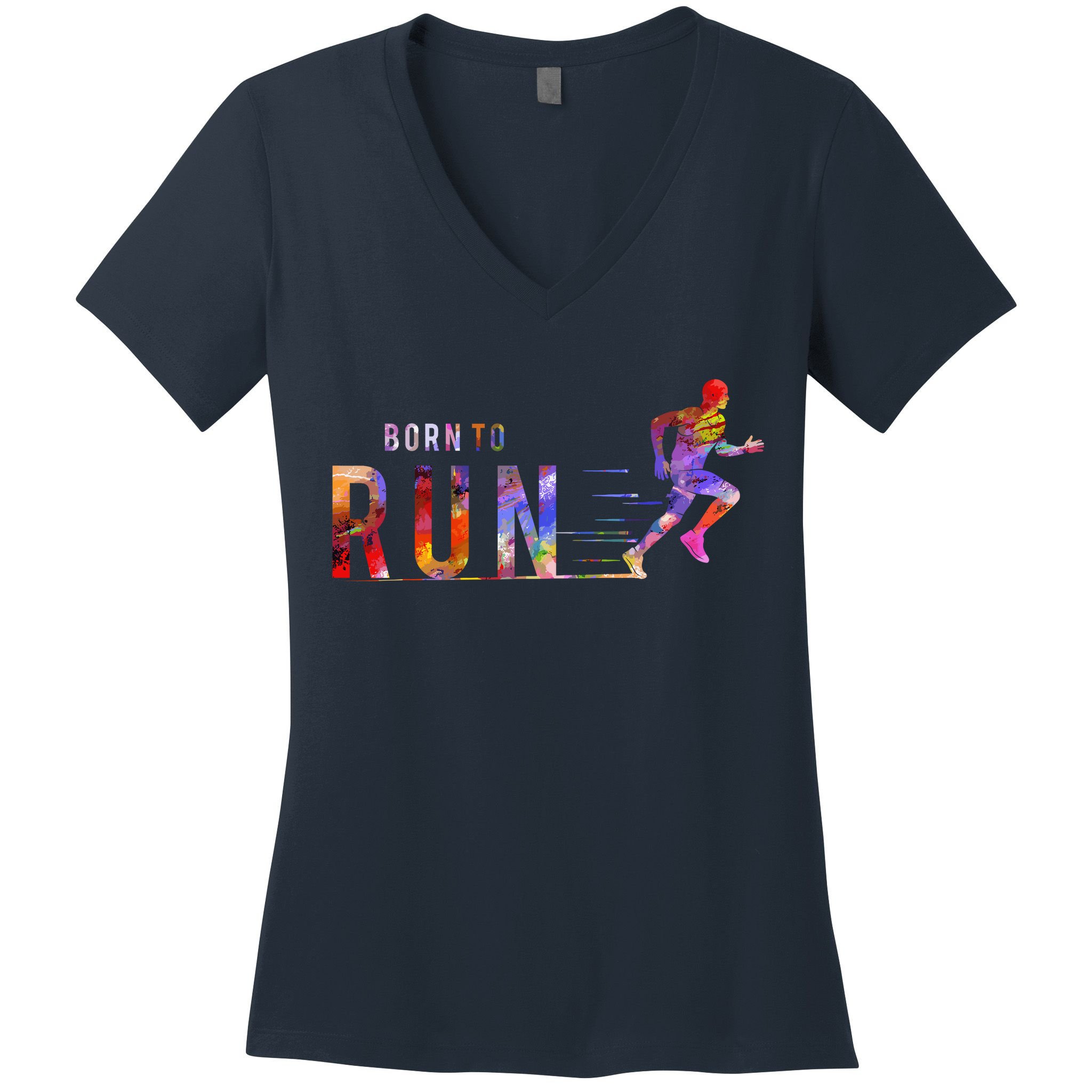 Born To Run Marathon Runner Sports Colorful Women's V-Neck T-Shirt