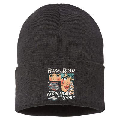 Born To Read Vintage Forced To Work Bookish Addict Bookworm Sustainable Knit Beanie