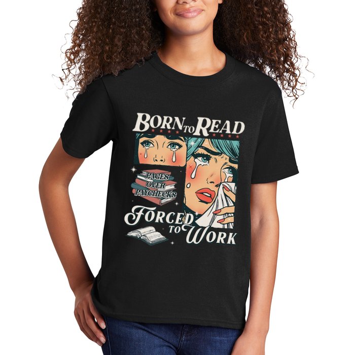 Born To Read Vintage Forced To Work Bookish Addict Bookworm Kids T-Shirt