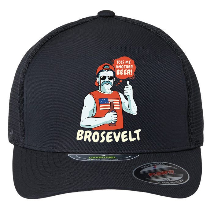 Brosevelt Teddy Roosevelt Bro with a Beer 4th of July Flexfit Unipanel Trucker Cap