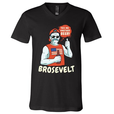 Brosevelt Teddy Roosevelt Bro with a Beer 4th of July V-Neck T-Shirt