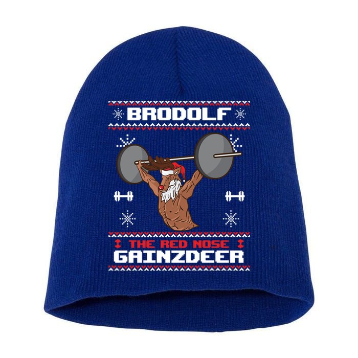 Brodolf The Red Nose Gainzdeer Gym Ugly Christmas Sweater Gift Short Acrylic Beanie