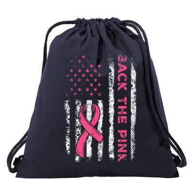 Back The Ribbon American Flag Breast Cancer Awareness Drawstring Bag