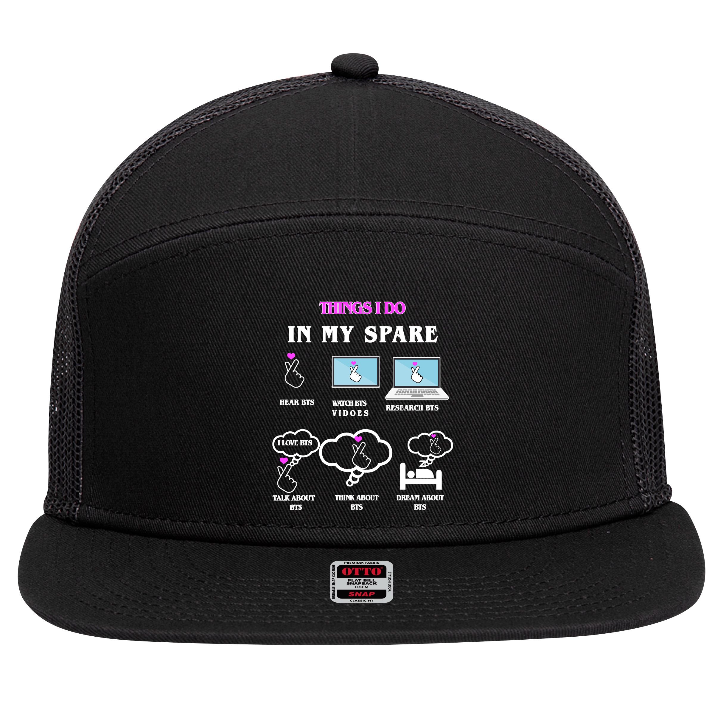 BTS Things I Do Spare Time Funny 7 Panel Mesh Trucker Snapback Hat