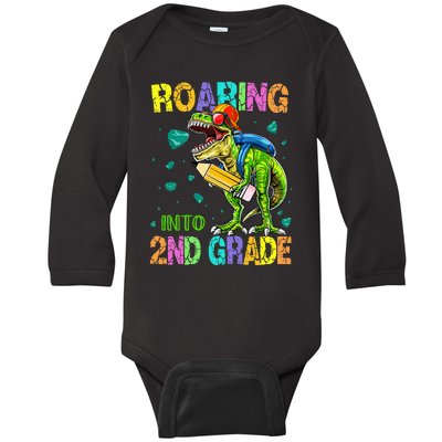 Back to School Dinosaur T Rex Roaring Into 2nd Grade Baby Long Sleeve Bodysuit