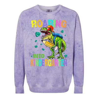 Back to School Dinosaur TRex Roaring Into Kindergarten Colorblast Crewneck Sweatshirt