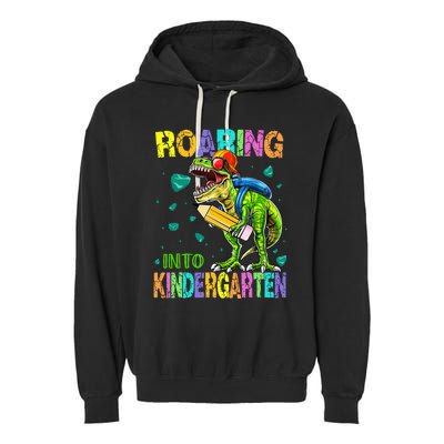 Back to School Dinosaur TRex Roaring Into Kindergarten Garment-Dyed Fleece Hoodie