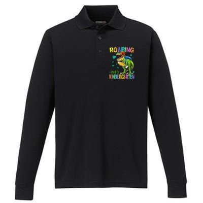 Back to School Dinosaur TRex Roaring Into Kindergarten Performance Long Sleeve Polo